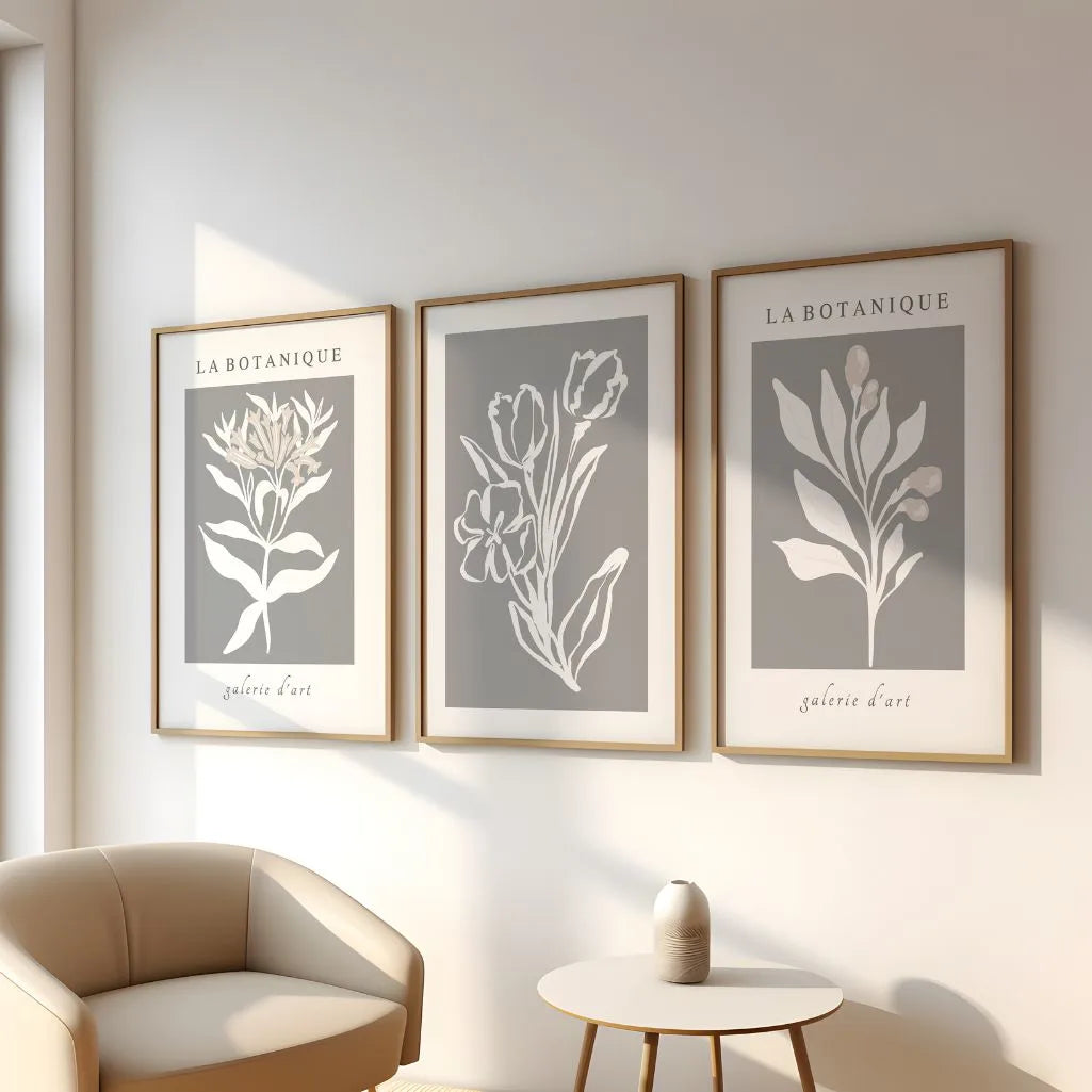 Gray Botanical Abstract Prints – Neutral Floral Set of 3