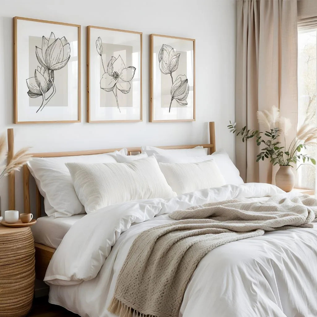 Botanical Line Art Prints – Beige & Charcoal Minimalist Set of 3