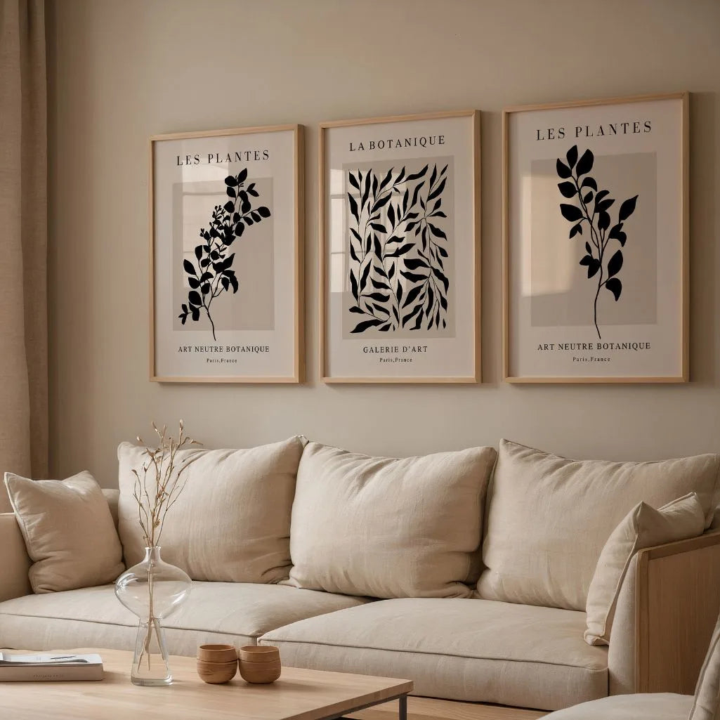 Black & Beige Botanical Art Prints – Minimalist Plant Set of 3